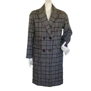 NVLT Plaid Trench Coat, M, Grey/Black Tweed, Double button/Breasted, Pockets